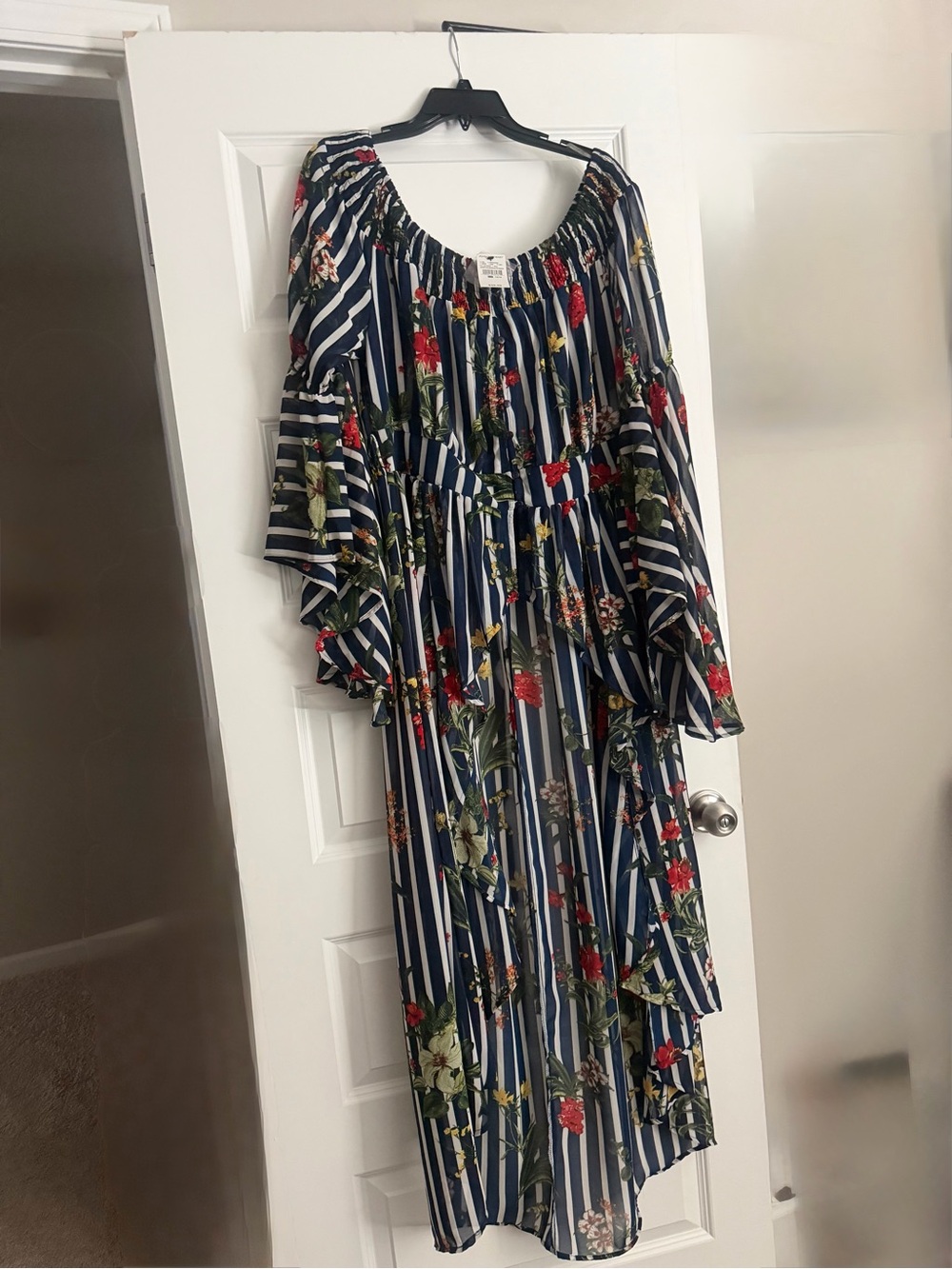 Striped Floral Off-Shoulder shirt - Navy & Red
